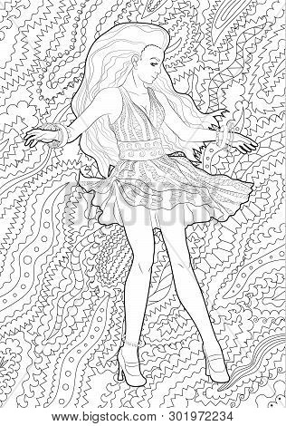 Beautifull Dancing Girl In A Patterned Dress. High Detailed Coloring Page For Grown Ups. Vector Illu