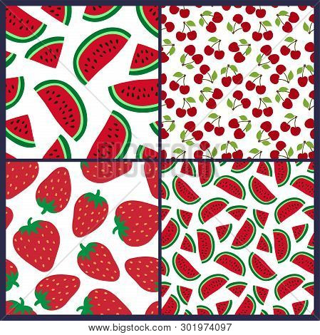 Watermelon, Cherry And Strawberry Seamless Pattern. Berries Fashion Design. Food Print For Dress, Sk