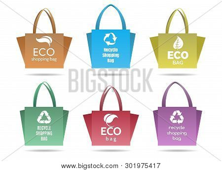 Recycling Shopping Ecobags. Eco Friendly Store Bag Set Isolated On White Background, Vector Illustra