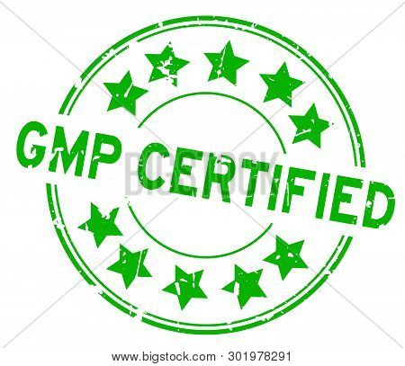 Grunge Green Gmp Certified Word With Star Icon Round Rubber Seal Stamp On White Background
