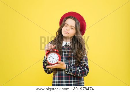 Set Up Alarm Clock. Child Little Girl Hold Red Clock. It Is Time. Always On Time. It Is Never Too La