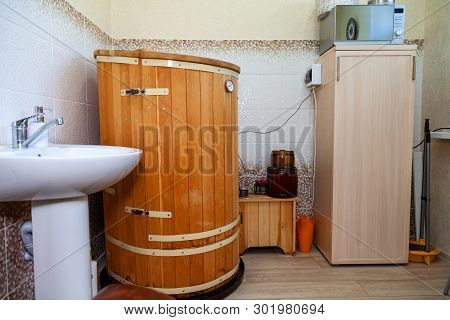 Cabinet For Cosmetology Procedures, Rest And Recovery With Wooden Phyto Barrels For Spa, Wellness An