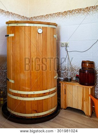 Cabinet For Cosmetology Procedures, Rest And Recovery With Wooden Phyto Barrels For Spa, Wellness An