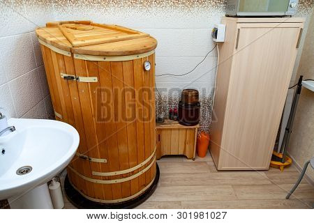 Cabinet For Cosmetology Procedures, Rest And Recovery With Wooden Phyto Barrels For Spa, Wellness An