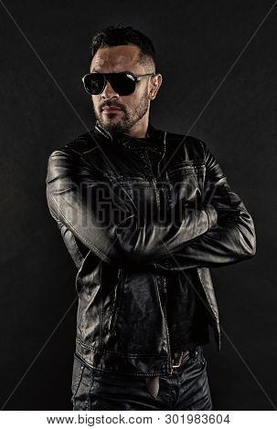 Man With Beard Has Stylish Look. Musuclar Athlete In Trendy Clothes. Brutal Macho In Leather Jacket.
