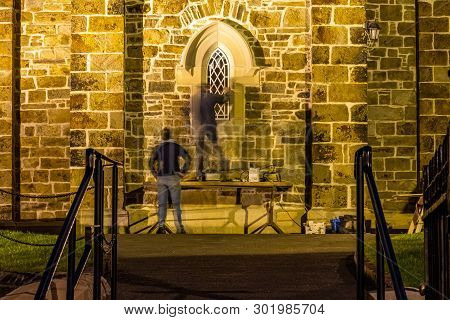Men Are Reapiring Historic Church Window In Donegal Town - Ireland