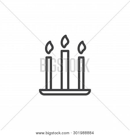 Three Candles Line Icon. Linear Style Sign For Mobile Concept And Web Design. Candlestick With Three