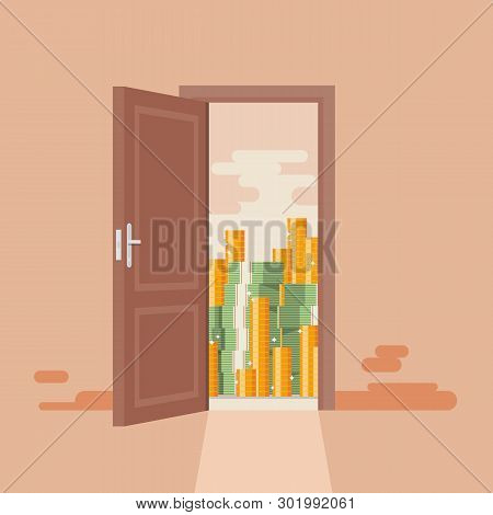 Concept Of Opened Door To Gold And Money. Success Concept Vector Illustration