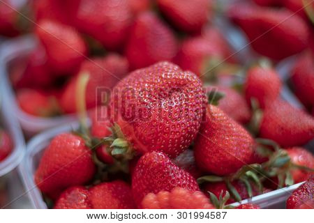 Fresh Strawberry Punnet. Organic Fruit Basket. Natural Juicy Macro Of Supermarket Food. Strawberry T