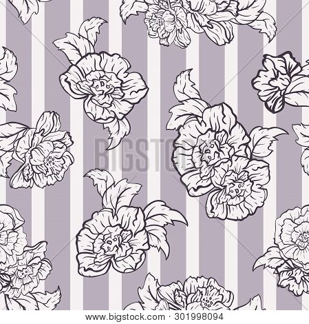 Vector Roses On Lavender Stripes Seamless Pattern Background.