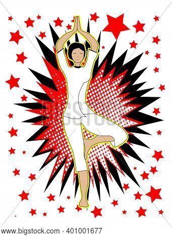 A Yoga Pse Poster With Halftone Red Splash With Stars On A White Background