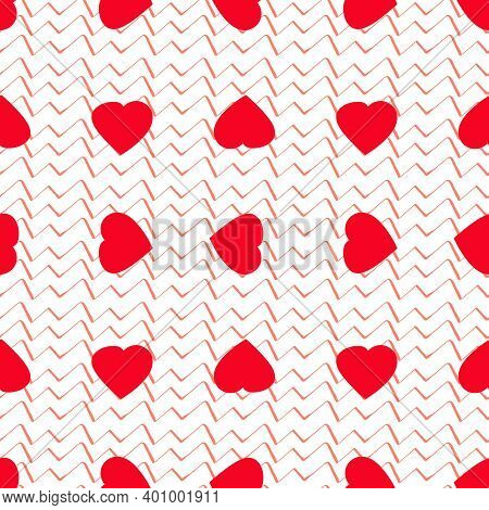 Red Hearts And Strpes. Valentines Day Vector Background. Seamles Pattern.