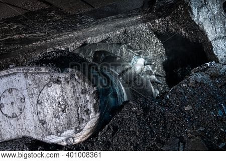 Shearer Drill Head In A Coal Mine. Extraction Of Coal By Underground Method.