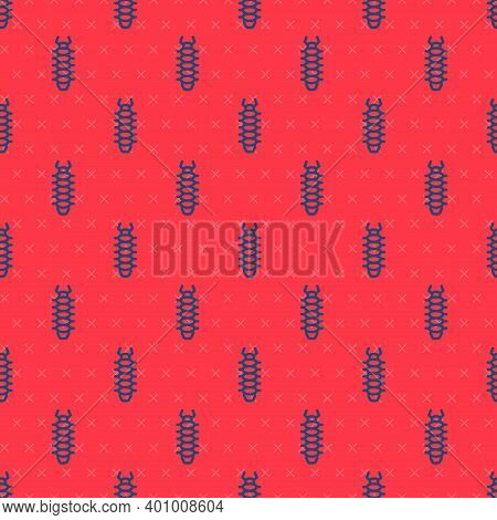 Blue Line Centipede Insect Icon Isolated Seamless Pattern On Red Background. Vector