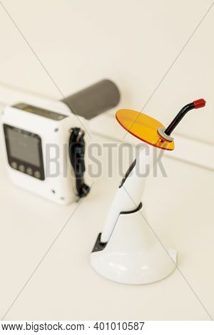 Interior Of The Dental Office With A Chair And Tools For Dental Treatment.