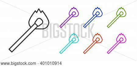 Black Line Burning Match With Fire Icon Isolated On White Background. Match With Fire. Matches Sign.