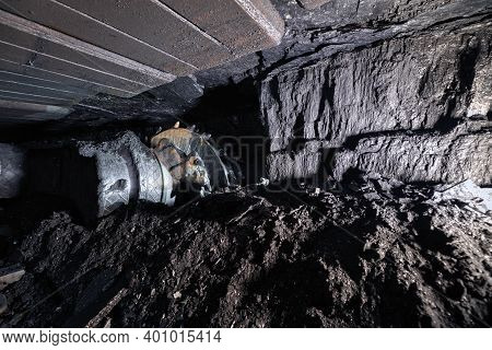 Extraction Of Coal By Underground Method. Coal Harvester At The Face.