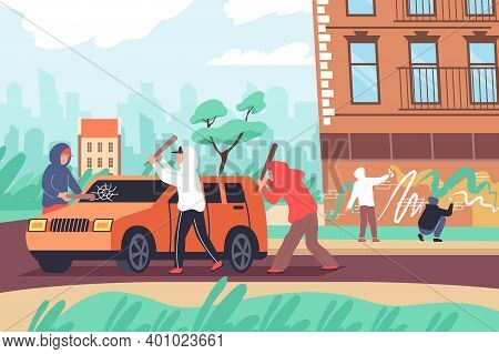 Vandalism Flat Composition With Outdoor Urban Street Landscape And Group Of Teenagers Beating Car Pa