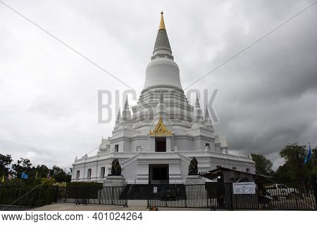Big White Chedi Or Large Stupa Of Wat Amphawan Temple For Thai People Travel Visit Respect Praying A