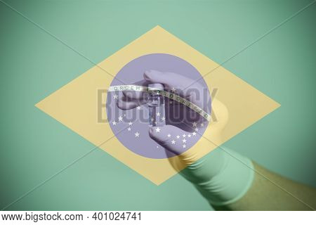 Flag Of Brazil Illustrating Campaign For Global Vaccination Against Covid-19. Epidemic Virus