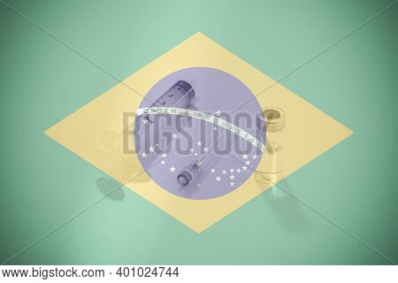 Flag Of Brazil Illustrating Campaign For Global Vaccination Against Covid-19. Epidemic Virus