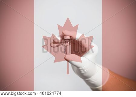 Flag Of Canada Illustrating Campaign For Global Vaccination Against Covid-19. Epidemic Virus