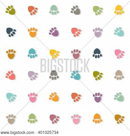 Seamless Pastel Colored Pattern Made Of Heart Shaped Footprints With Drop Shadow On White Background