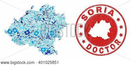 Vector Mosaic Soria Province Map With Vaccination Icons, Analysis Symbols, And Grunge Healthcare Wat