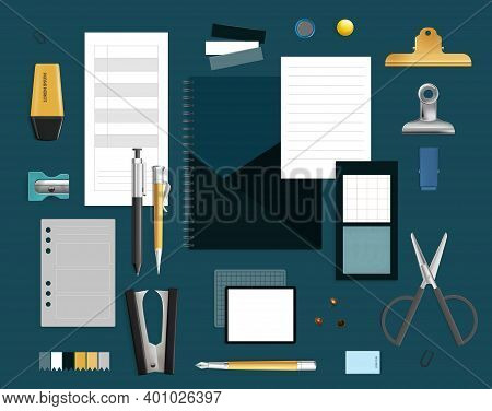 Office Items Set With Ordanizer And Sharpener Realistic Isolated Vector Illustration