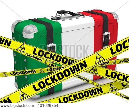 Italy Is In Lockdown. Retro Suitcase With The Flag Of Italy On A White Surface With Yellow Warning T