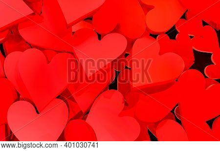 Valentine Day Design Concept In Minial Style. Love Background. Heap From Many Small Red Hearts. 3d R