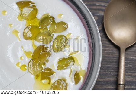 Traditional Spanish Dish, Cold Soup Ajo Blanco Or Ajoblanco From Garlic, Almonds, White Wine Vinegar