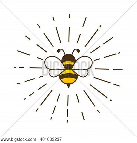 Lovely Cute Bee With Sunburst. Cartoon Bee Inside Rays Isolated On A White Background. Vector Illust