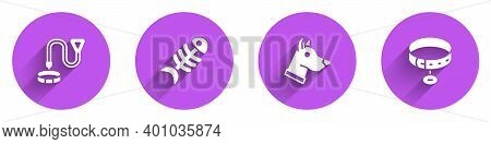 Set Collar With Name Tag, Fish Skeleton, Dog Head And Icon With Long Shadow. Vector