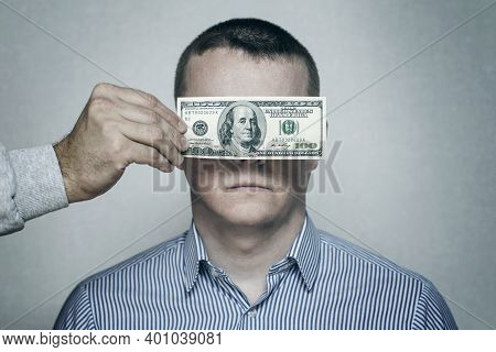 Bribery Money Close Eyes Concept Background. Bribery Money Close Eyes Concept. Man With Bribe Coveri