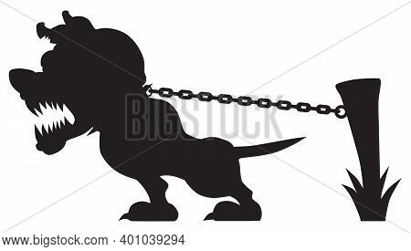 A Vicious Cartoon Guard Dog In Silhouette Is Growling And Tugging At His Chain