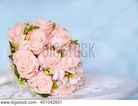 Beautiful Widding White Pink Flowers Roses On Light Background