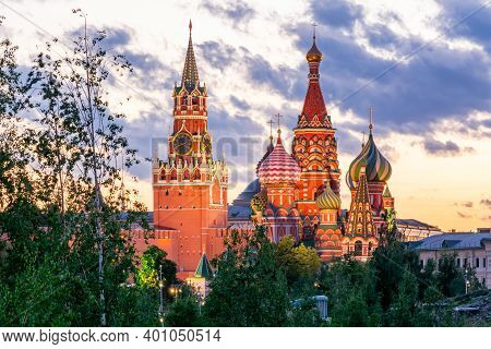 Cathedral Of Vasily The Blessed (saint Basil's Cathedral) And Spasskaya Tower Of Moscow Kremlin On R