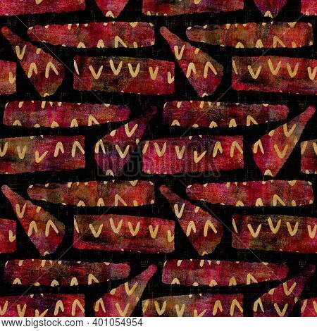 Seamless Dark Geometric Block Print Background. Boho Ethnic Soft Furnishing Fabric Style. Tie Dye Pa