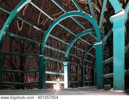 Wooden Arcade Entwined With Trees. Night Path In The Park. Winter Path In The Park. Russian Manor Pa