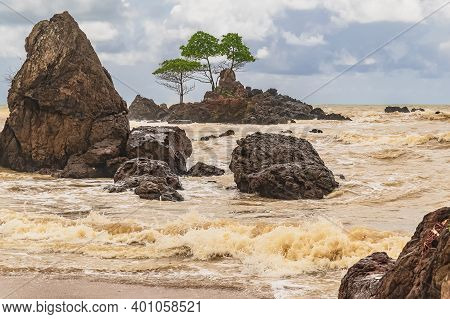 Ghana Beach With Rocks And Golden Sea Located In Axim West Africa Also Called The Gold Coast