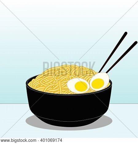 Fresh Delicious Bowl Of Asian Ramen Noodles And Eggs With Chopsticks. Vector Illustration