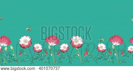 Green Poppies And Bees Seamless Border Repeat Pattern. Vector Illustration With Poppies And Bees Mot