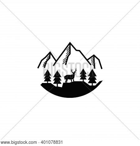 Outline Mountain Logo With A Slight Forest Accent With Its Deer.