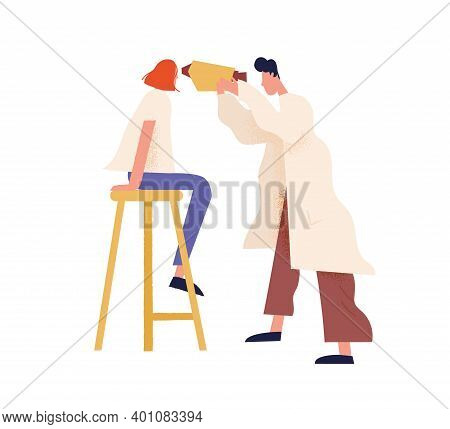 Professional Ophthalmologist Examining Eyes Of Female With Equipment Vector Flat Illustration. Docto