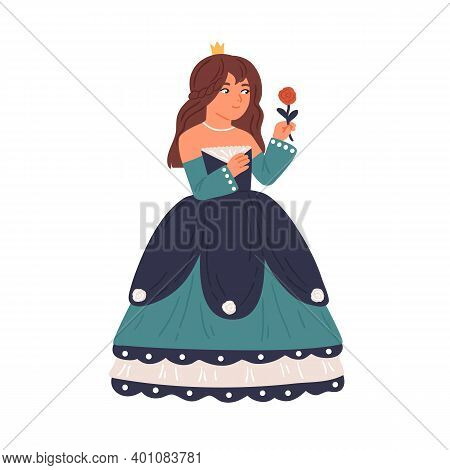Cute Fairytale Princess Holding Rose Isolated On White. Little Girl Dressed In Poofy Gown Like Queen
