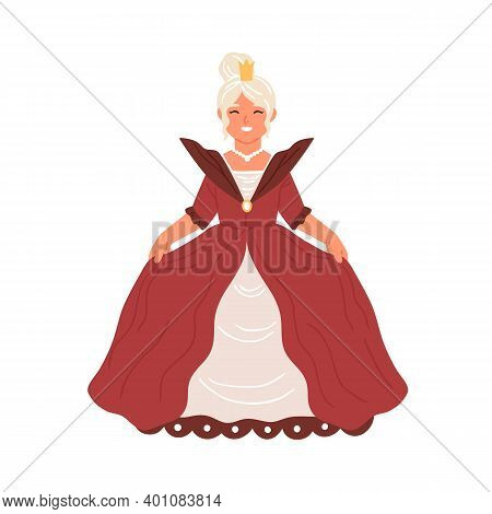 Cute Fairytale Princess Isolated On White Background. Adorable Girl Dressed In Poofy Red Gown Like Q