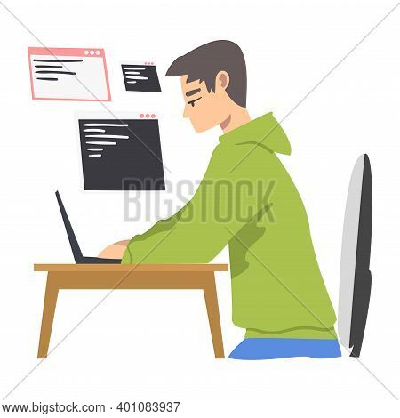 Male As Software Developer Or Programmer Engaged In Coding In Server-side Framework On Laptop Vector