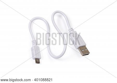 Short White Usb Cable With Plugs Type A And Type Micro-b At The Edges On A White Background