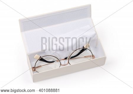 Modern Eyeglasses For Women In Metal Yellow Rim Lie In White Hard Spectacle-case With Glasses Wipe O